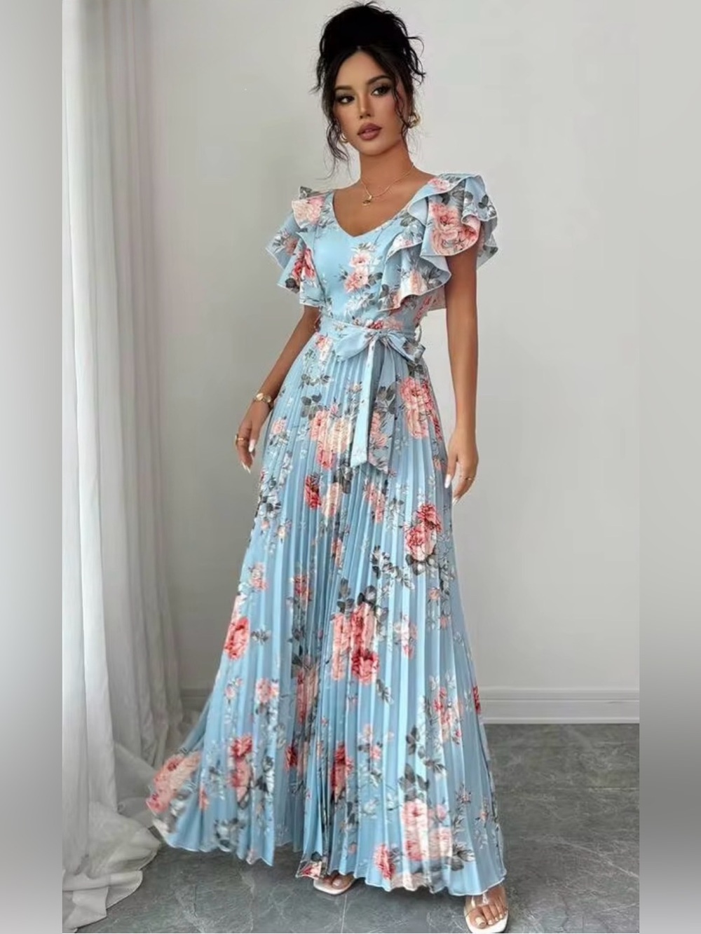 Sky Blue Pleated Floral Maxi Dress